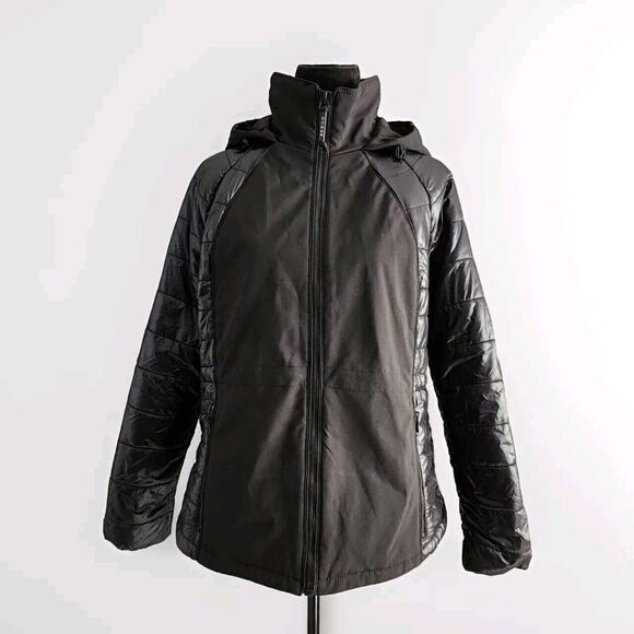 Women's GUESS Black Mixed Puffer softshell Hooded Zip Up Jacket Size L High Low - Picture 1 of 10